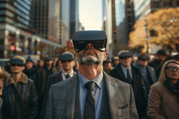 A professional man in a formal suit and tie wearing a virtual reality headset.