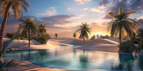 A serene digital illustration of an oasis with rich palm trees, gentle water, and smooth desert dunes under a sunset sky, symbolizing peace and refuge