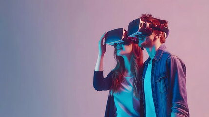young Caucasian couple using virtual reality goggles spending free time together full shot copy space High quality photo : Generative AI