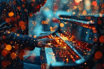 An enchanting image of a pianist's hands playing the piano with a mesmerizing light bokeh effect creating a magical atmosphere - obrazy, fototapety, plakaty