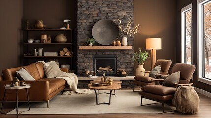 Earthy Brown Living Room:  a cozy living room with warm chocolate brown walls, earth-toned furniture, and natural textures like wood and stone, embracing a warm and grounded aesthetic