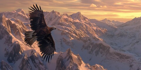 Majestic eagle in flight over breathtaking snow-covered mountains during golden sunset, symbolizing freedom and power - obrazy, fototapety, plakaty