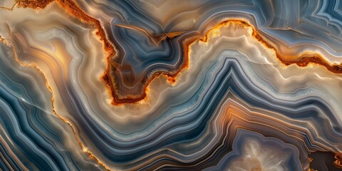 Close-up of swirling patterns and bands in earth-toned agate stone, depicting geological beauty and natural art - obrazy, fototapety, plakaty