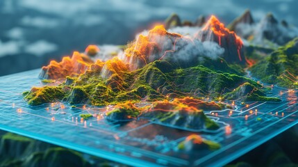 Futuristic Digital Topography of Volcanic Mountains