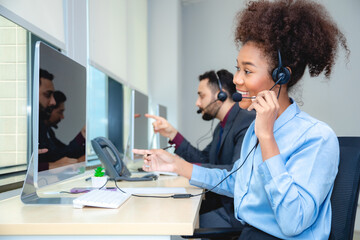Customer service, call center or telemarketing team and manager or mentor looking happy reading...
