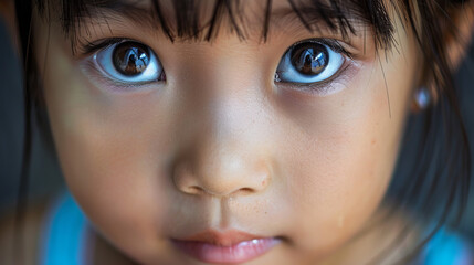 A realistic macro photo of the eyes of a little Asian girl, in which each element reflects her individuality and uniqueness.