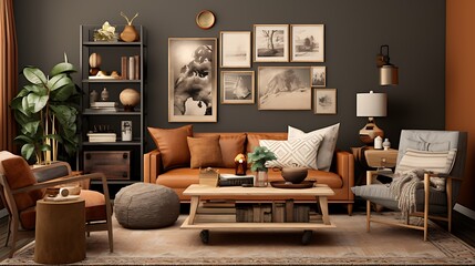 Earthy Brown Living Room:  a cozy living room with warm chocolate brown walls, earth-toned...