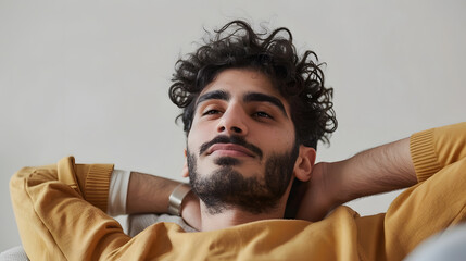 Calm young Arab man relaxing in armchair against white studio wall copy space Handsome middle Eastern guy enjoying peaceful weekend morning resting with hands behind head : Generative AI