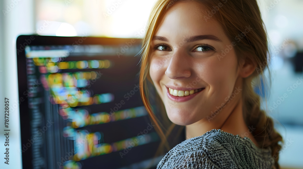 Poster Portrait of female IT developer looking at camera and smiling against programming code on computer screen in office interior copy space : Generative AI