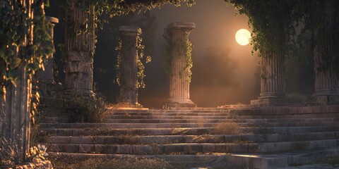 Romantic scene of classic ancient columns bathed in the ethereal glow of moonlight