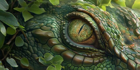 A detailed depiction of a dinosaur's eye, capturing texture and color amidst lush greenery - obrazy, fototapety, plakaty