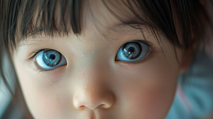 A close-up of the amazing eyes of a little Asian girl, capturing every detail and nuance of their beauty and expressiveness.