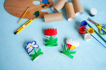 toilet paper roll craft concept for kid and kindergarten, DIY, tutorial, spring flower toy, recycle...