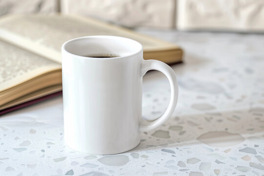 Natural Blank white mug POD product mockup minimal with empty space on terrazzo table open book in the background for book lover reader bookworm earthy rural farmhouse boho marketing literary campaign