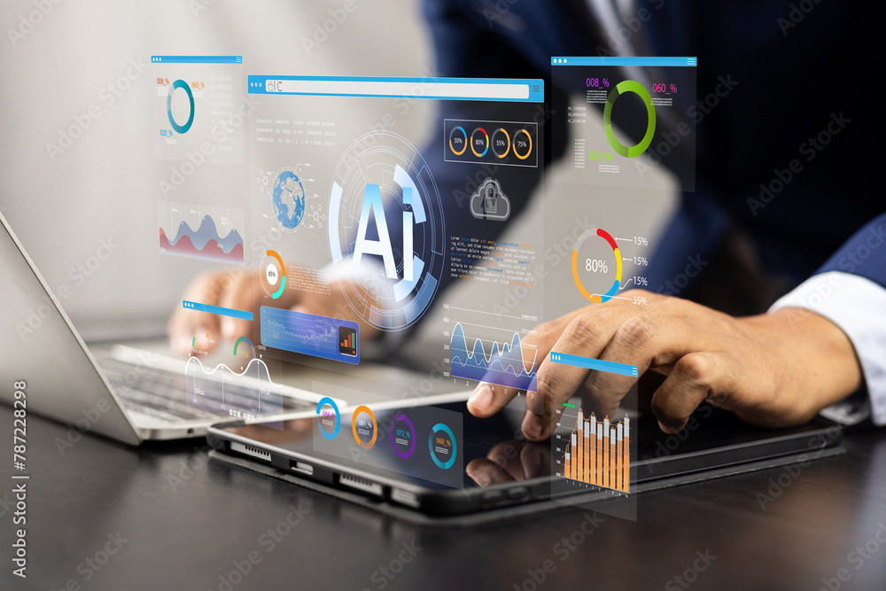 Leinwandbilder Businessman use artificial intelligence AI technology for enhanced work efficiency data analysis and efficient tools, Unlocking work potential with AI solutions chatbot help solve work problems.