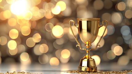 A golden trophy superimposed on a blurred gray background with brilliant lights creates an atmosphere of mystery and solemnity, emphasizing its symbolic status.
