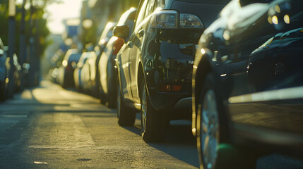 Row of Automobiles cars parked neatly in Parking lot area on the Street perspective side view with Copy Space : Generative AI