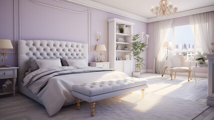 Elegant Lavender Bedroom:  a sophisticated bedroom with soft lavender walls, white or cream-colored furniture, and accents of silver or gold for a touch of elegance
