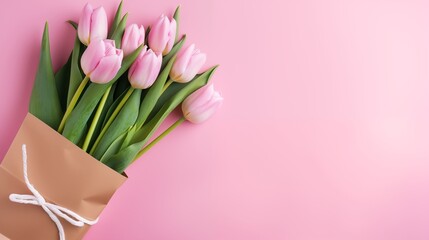 A Bouquet of Pink Tulips Wrapped in Craft Paper on a Pink Background