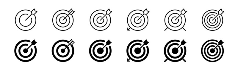 Target with arrow icon set. Line and glyph aim dart board. Target with arrow