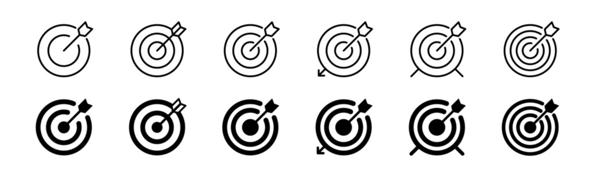 Target with arrow icon set. Line and glyph aim dart board. Target with arrow