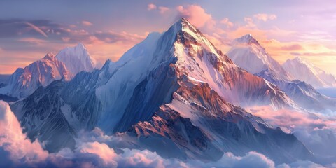 This image showcases breathtaking mountain peaks touched by the soft glow of sunrise, emphasizing serenity and grandeur