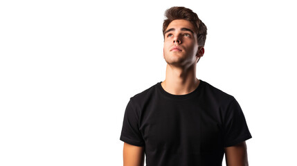 young man in black t shirt isolated on transparent background, boy cutout 
