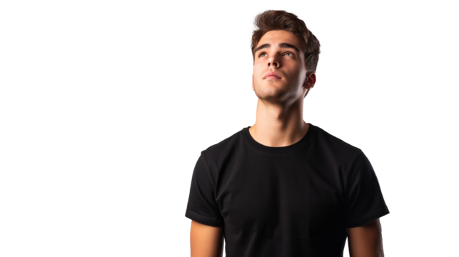 young man in black t shirt isolated on transparent background, boy cutout 