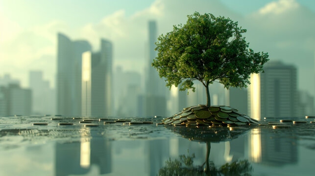 3D rendered image of a photorealistic verdant tree growing from a base of gleaming coins of different currencies