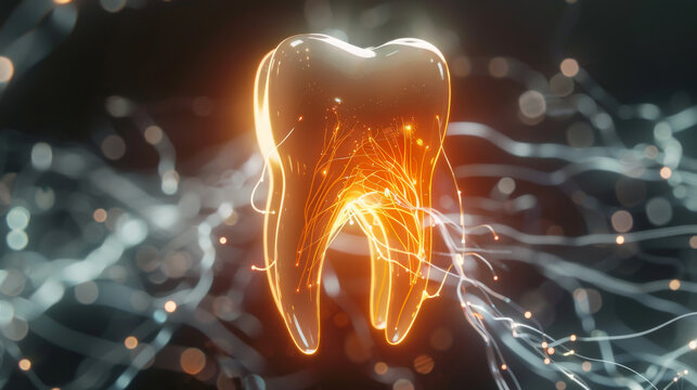 an anatomically detailed human tooth floating above a transparent glowing depiction of nerve endings