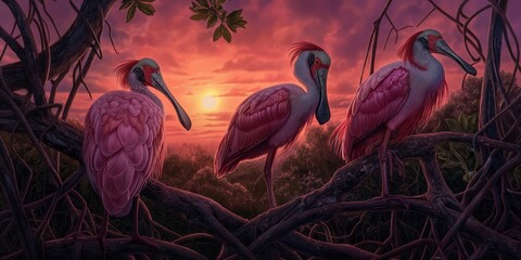 Fototapeta premium Three cranes perched amidst twisted branches against a vivid sunset, conveying a serene end-of-day mood