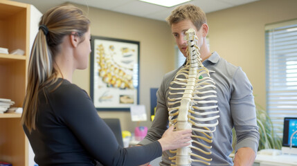 a healthcare professional demonstrating the correct posture for lifting heavy objects to a patient with back pain using a model spine for illustration