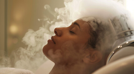 a person sitting under a professional hair steaming machine at a luxury spa with a serene expression on their face