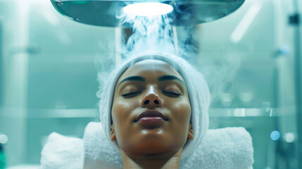 a person sitting under a professional hair steaming machine at a luxury spa with a serene expression on their face - Powered by Adobe