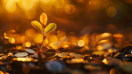 a young sapling sprouting from a mound of various gold silver - obrazy, fototapety, plakaty