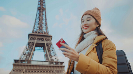 an Asian female traveler standing in front of an iconic international landmark holding a credit card up to a mobile payment terminal