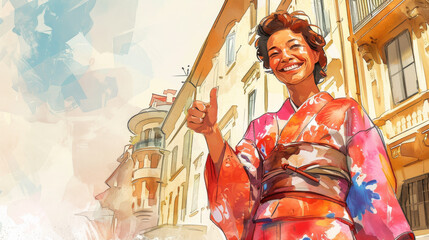 Fototapeta premium Illustration in watercolor style of a smiling European woman dressed in a colorful kimono giving a thumbs up. She stands in a picturesque European city with historic architecture
