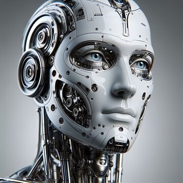 Close up of a metal robots face on a gray background