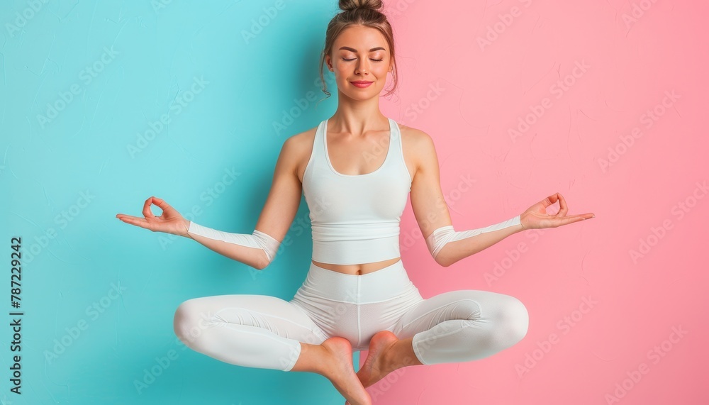Poster agile gymnast balancing on one leg in colorful workout scene with space for text