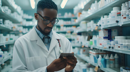 Young African American pharmacist checking medicine supplies while working in a pharmacy Copy space : Generative AI - Powered by Adobe