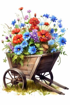 Illustrate an aged wooden wheelbarrow filled with rich soil and a mix of wildflowers like poppies and cornflowers, presented in the naturalistic and detailed style image ,  watercolor art