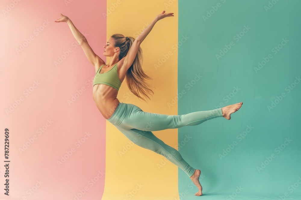 Poster agile gymnast balancing on one leg in workout on pastel background with copy space