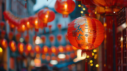 The red lanterns hanging in Chinatown during the Chinese New Year create a colorful and impressive...