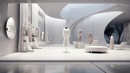 Haute Couture Fashion Boutique:  a high-end fashion boutique with minimalist displays, polished concrete floors, and avant-garde lighting, offering a sophisticated environment for luxury fashion shopp