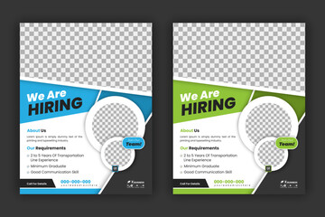 Construction Hire Flyer Design Template We are hiring for job vacancies, construction, and home renovation flyers. Vector blue and green color layout in A4 flyer size