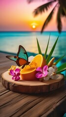Tropical fruits and butterfly on a background sunset of the sea.