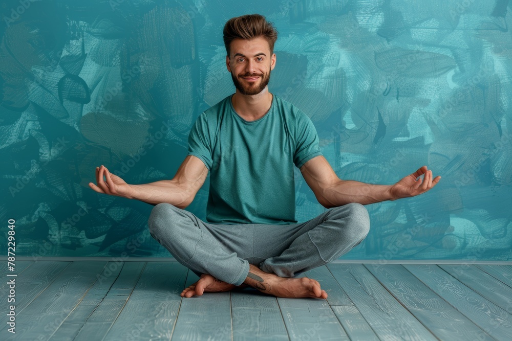 Poster agile athlete balancing on single leg in gymnastics routine on soft background with room for text