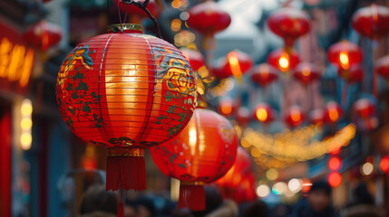 The red lantern of the New Year decor in the Chinatown area reflects the traditional Chinese festive mood, creating an atmosphere of joy and celebration.