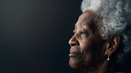 Portrait of a beautiful elderly 70yearold AfricanAmerican grandma spokesperson looking back over shoulder with ad or copy space for your ad : Generative AI