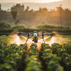 Agricultural drone at sunset on a rapeseed field. innovation in agriculture - obrazy, fototapety, plakaty
